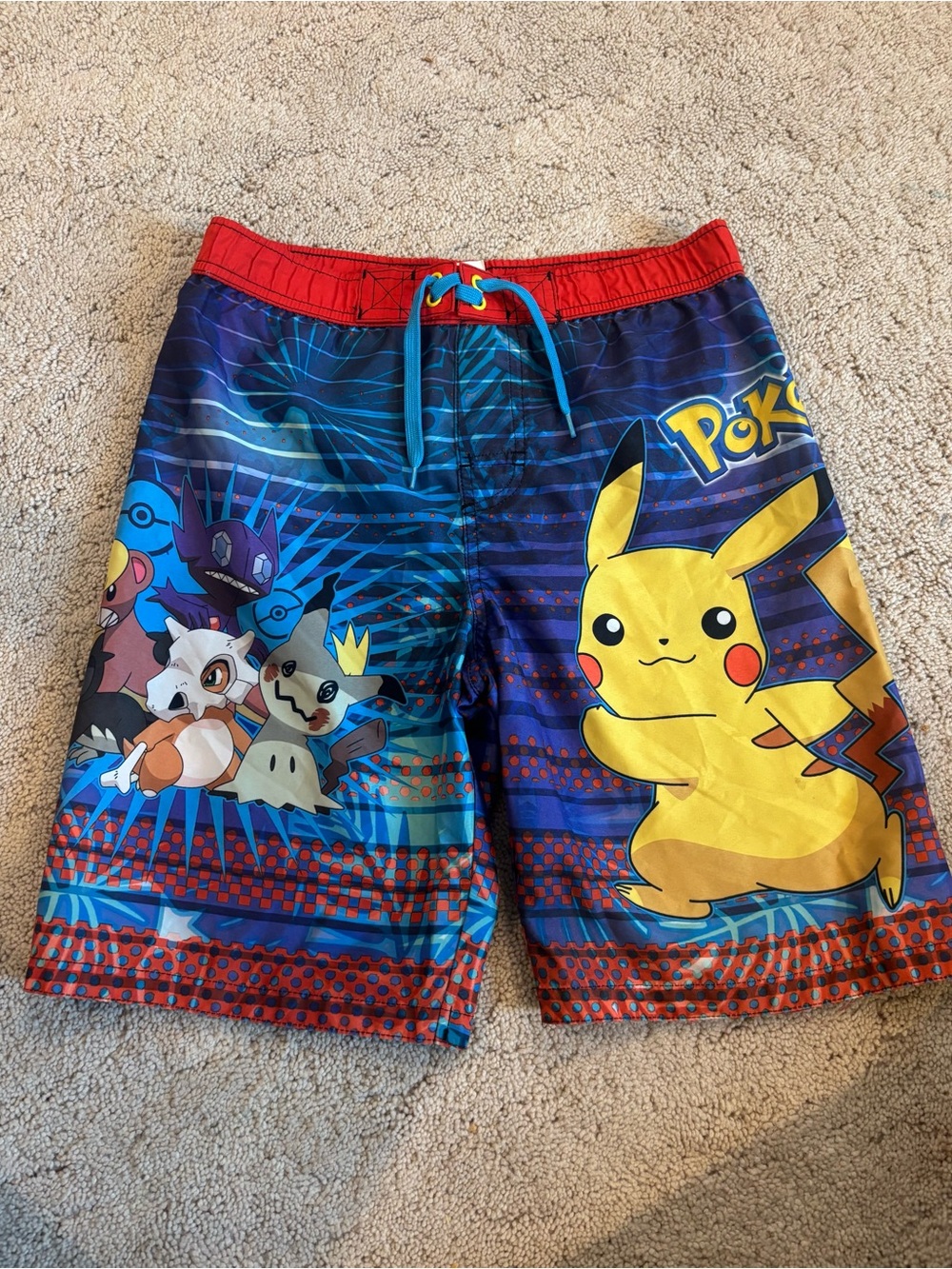 Pikachu Purple Blue Striped Boys Kids Swim Trunks Shorts Palm Trees 2018